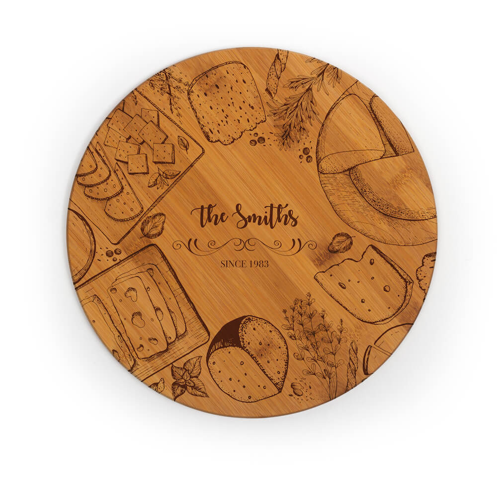 Round cutting board engraved with images of food, The Smiths, since 1983
