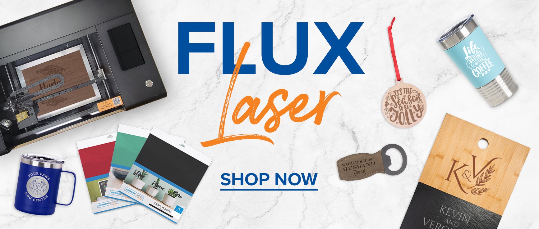 Banner image advertising the Flux laser and showing some laserable products.