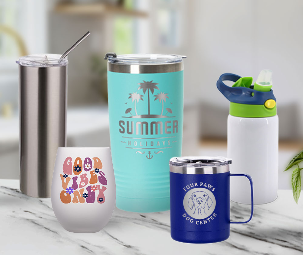 assortment of tumblers and drinkware